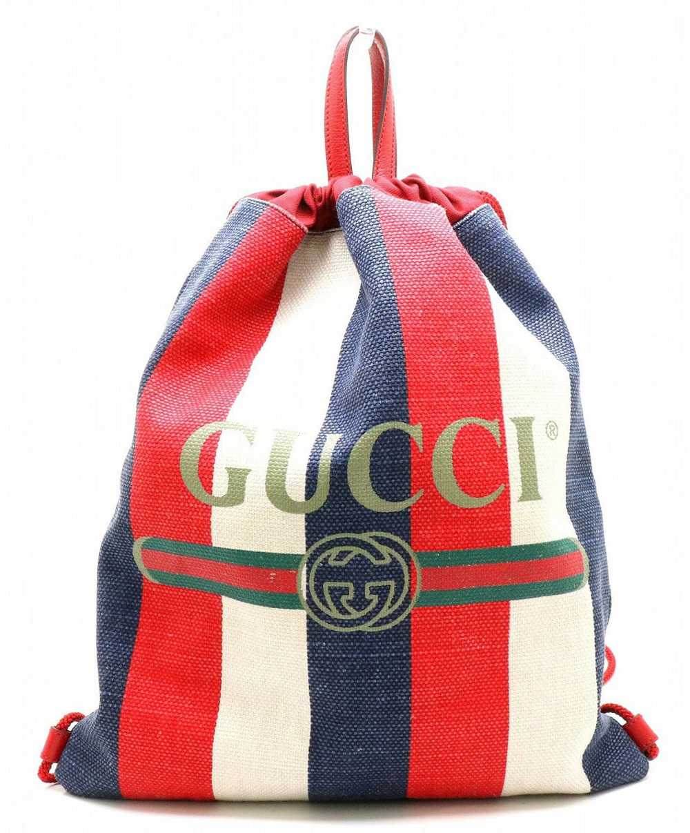 Gucci Drawstring Backpack Stripe Canvas Leather Tricolor Red Blue White
